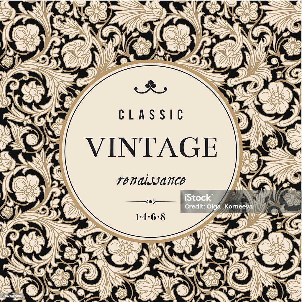 Vintage classic ornamental seamless vector pattern Vintage vector card in classical baroque style. Stylized beige flowers, curls and leaves with a gold outline on a black background with a round frame. Renaissance. Beige stock vector