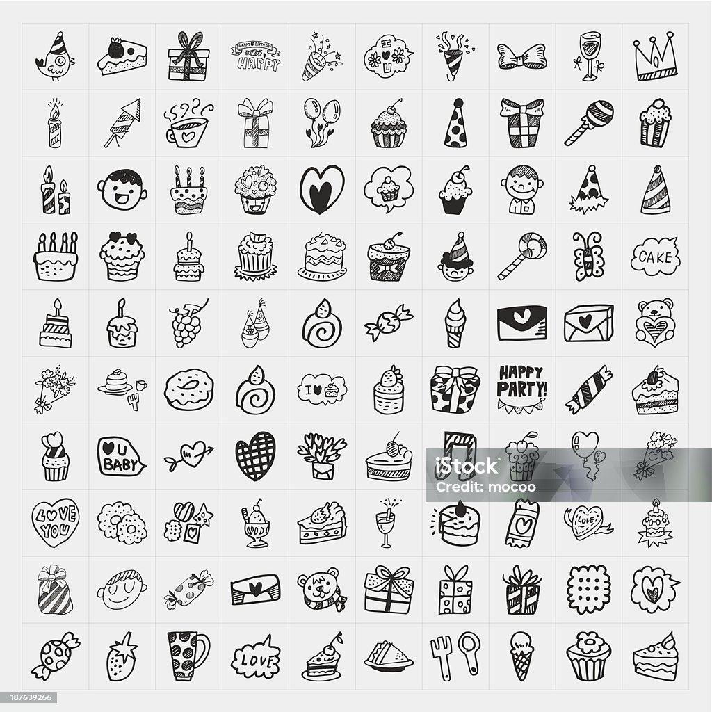 Doodle Birthday party icons set 100 Doodle Birthday party icons set Child stock vector
