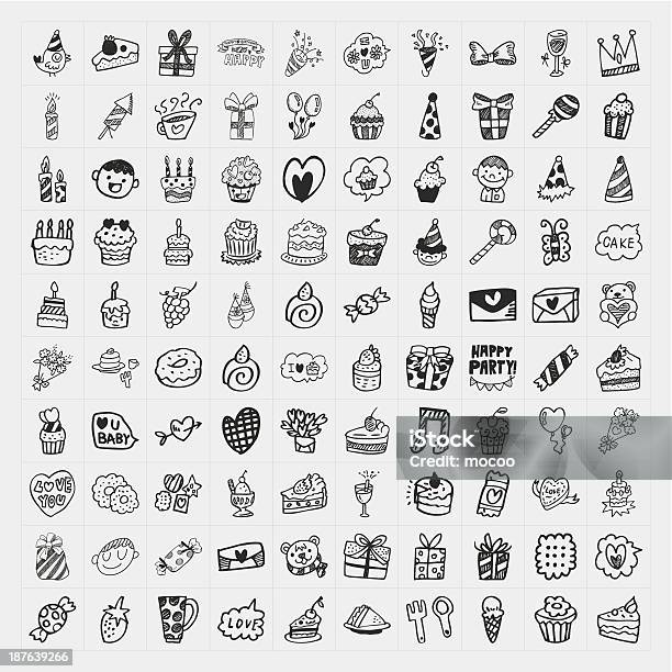 Doodle Birthday Party Icons Set Stock Illustration - Download Image Now - Child, Drawing - Activity, Drawing - Art Product