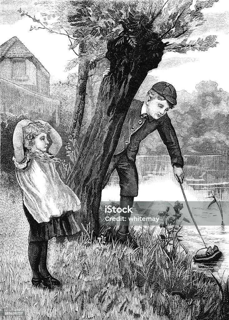 Victorian boy rescuing a girl's hat del río - Ilustración de stock de Viento libre de derechos