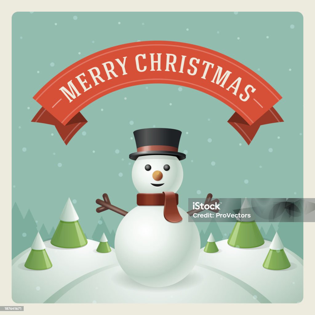 Feliz navidad tarjeta postal con muñeco de nieve fondo - arte vectorial de Adorno de navidad libre de derechos