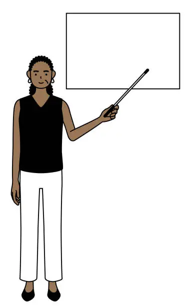 Vector illustration of African-American senior woman pointing at a whiteboard with an indicator stick.
