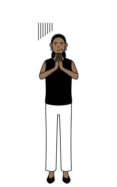 Vector illustration of African-American senior woman apologizing with her hands in front of her body.