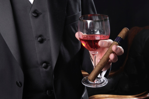 wine glass, cigar, tux