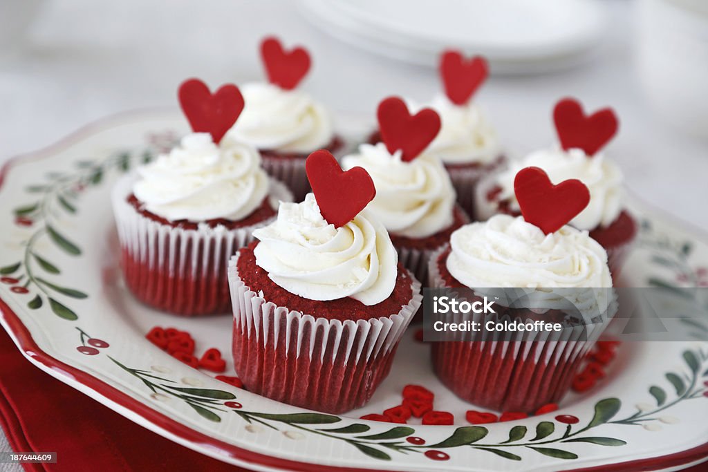 Red velvet cupcakes Red velvet cupcakes decorated for Christmas with red hearts Baking Stock Photo