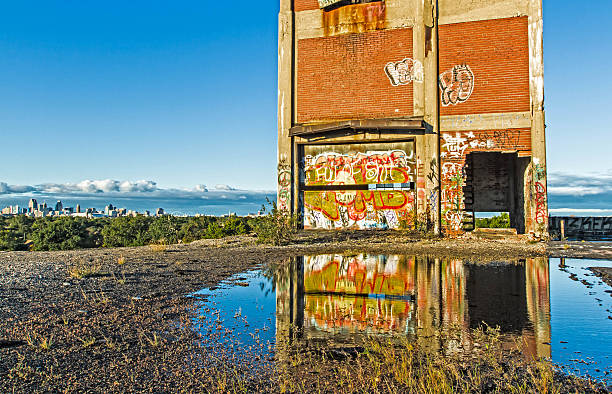 Detroit's Packard Plant Roof Detroit's skyline in the background and reflection from the roof of one of the Packard Plant buildings. detroit ruins stock pictures, royalty-free photos & images