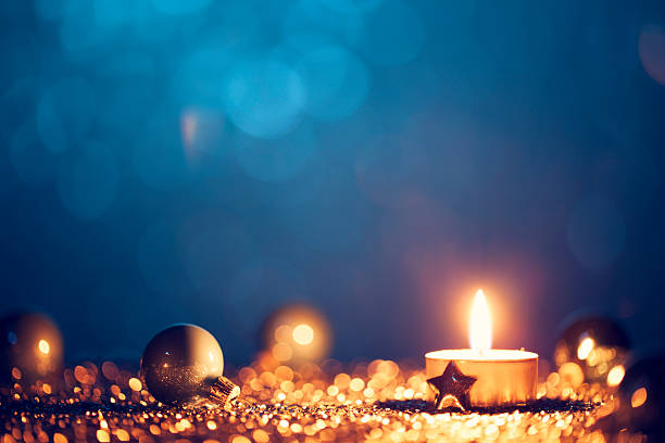 istock Gold candle and ornaments with blue background 187647416