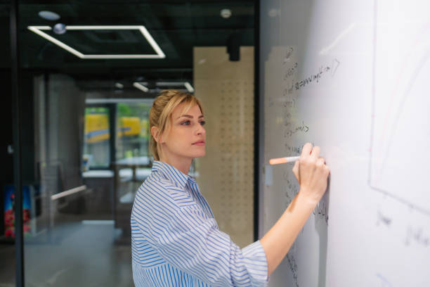 Young woman writing a code on a transparent wipe board