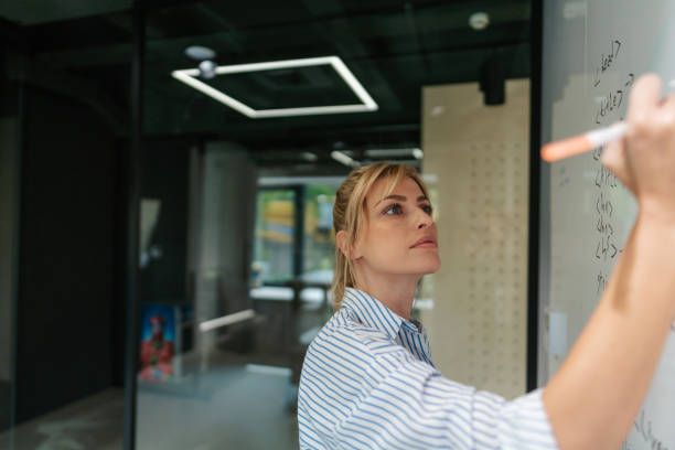istock Young woman writing a code on a transparent wipe board 1876512645