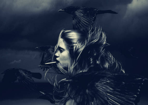 istock Young woman with cigarette in lips with flying ravens 1876567289