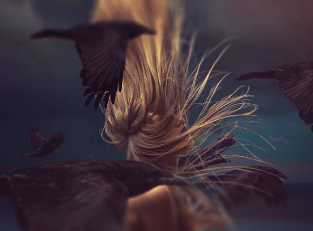 istock Young woman in motion with flying ravens 1876567290