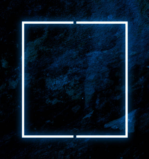 Dark stone wall background, blue neon light and rectangle shape with horizontal banner.