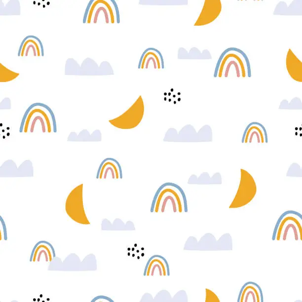 Vector illustration of Seamless baby pattern rainbow with clouds on white background, hand drawn, designed in a cartoon style. Used for prints, decorative wallpaper, baby clothes motifs, textiles Vector Illustration