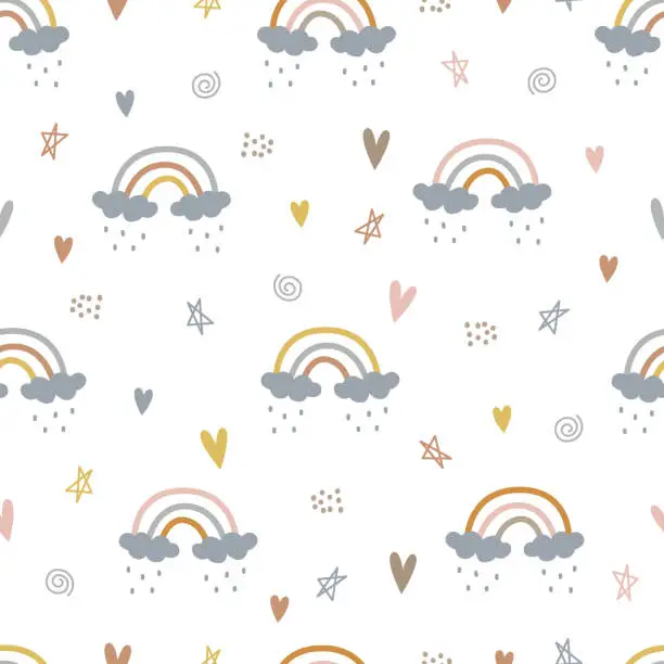 Vector illustration of Seamless baby pattern rainbow with clouds on white background