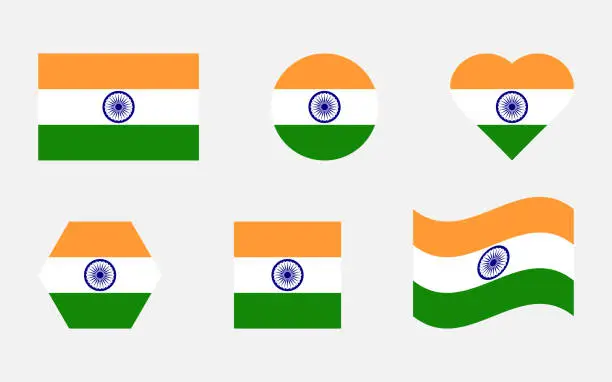 Vector illustration of National India flag in rectangle, round, heart, hexagon and square shape isolated on light gray background.