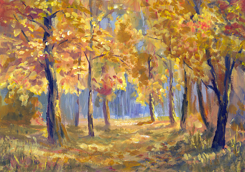 sunny day in the autumn forest, painting in the style of impressionism