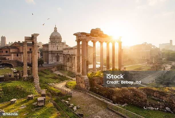 Roman Ruins In Rome Forum Stock Photo - Download Image Now - Ancient, Architectural Column, Architectural Dome