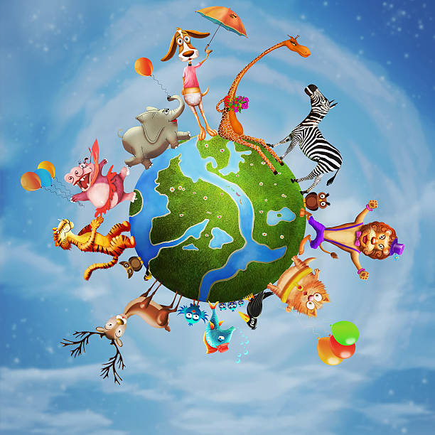 istock Cartoon of animals standing on the outside of a globe 187664050