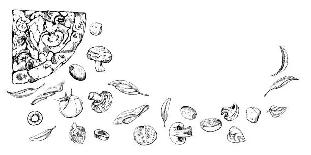 Vector illustration of Hand drawn vector ink illustration. Capricciosa pizza slice, mozzarella tomato basil olive prosciutto champignon. Composition isolated on white. Restaurant menu cafe food shop or package, flyer print.