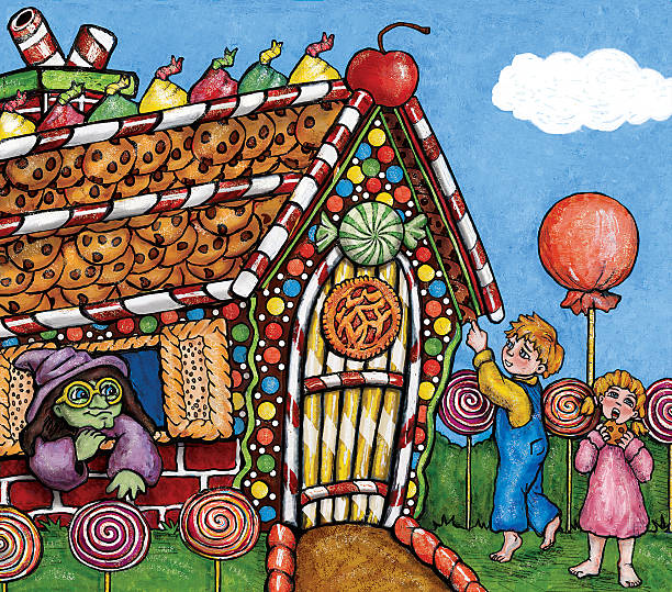 ilustrações, clipart, desenhos animados e ícones de hansel gretel &-ilustração - fairy tale house witch candy