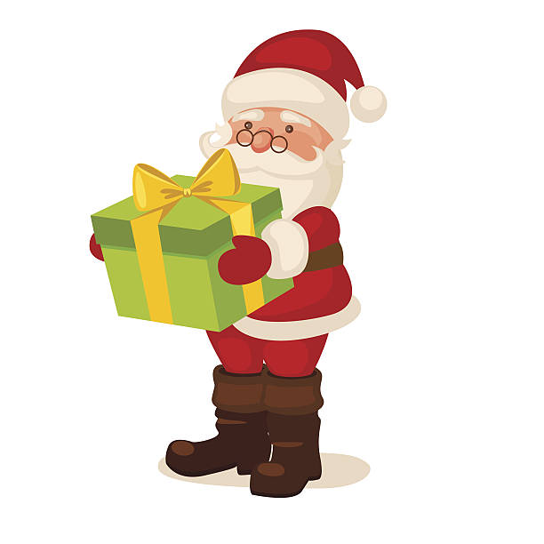 ilustrações, clipart, desenhos animados e ícones de papai noel segurando um presente - christmas present senior men surprise gift box