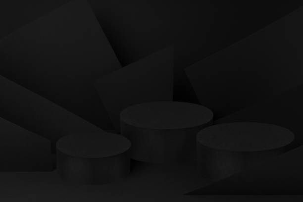 istock Modern dark black stage mockup with three round podiums for presentation cosmetic products, goods, advertising, design, abstract geometric pattern of corners as relief in simple urban graphic style. 1876648394