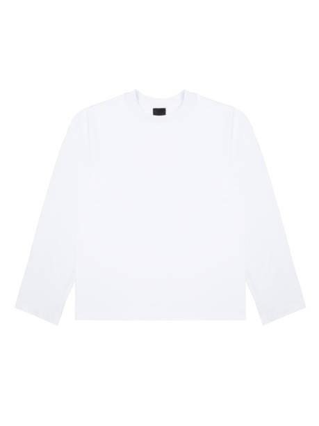 White cotton t-shirt with long sleeves mockup, isolated on white background, flat lay, front view. Clothes template for advertising, design, branding, text, print.