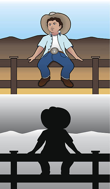Cowboy on fence Young cowboy resting on fence in color and in silhouette person sitting on fence stock illustrations