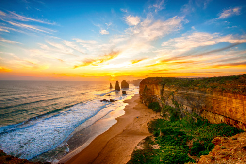 The sun sets along the Great Ocean Road 