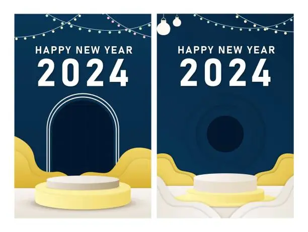 Vector illustration of Collection of 3D illustrations Happy new year themed color podium rectangular type