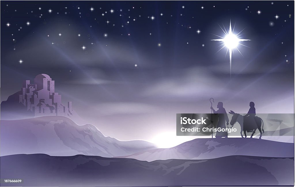 Mary and Joseph Nativity Christmas Illustration An illustration of Mary and Joseph in the dessert with a donkey on Christmas Eve searching for a place to stay. Bethlehem city in the background. Nativity story illustration. Virgin Mary stock vector