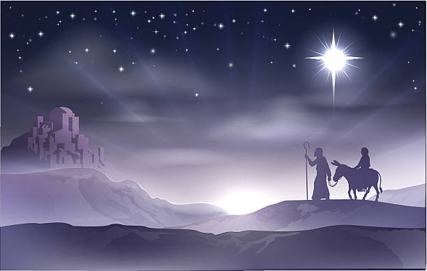 Mary and Joseph Nativity Christmas Illustration An illustration of Mary and Joseph in the dessert with a donkey on Christmas Eve searching for a place to stay. Bethlehem city in the background. Nativity story illustration. journey silhouettes stock illustrations
