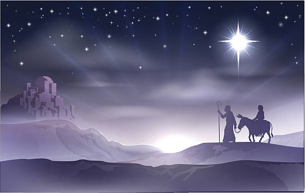 Mary and Joseph Nativity Christmas Illustration An illustration of Mary and Joseph in the dessert with a donkey on Christmas Eve searching for a place to stay. Bethlehem city in the background. Nativity story illustration. nativety stock illustrations