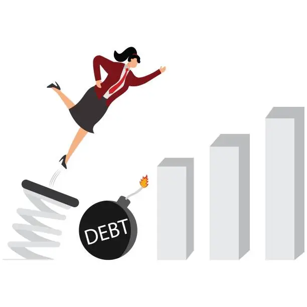 Vector illustration of Businesswoman jumping debt, Winning, Achievement, Adult, Agility