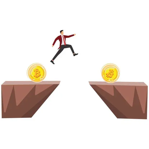 Vector illustration of Businessman jumping Bitcoin, Anticipation, Banking, Bankruptcy, Bitcoin