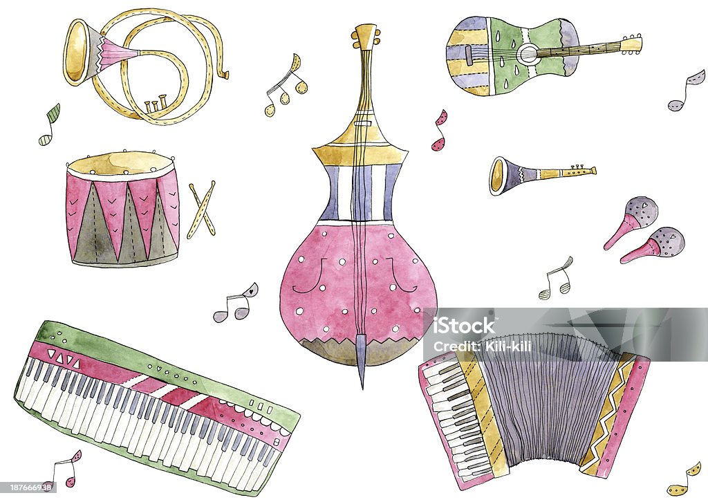 Musical Instruments Watercolor Set Set of musical instruments drawn with watercolor. Drum - Percussion Instrument stock illustration