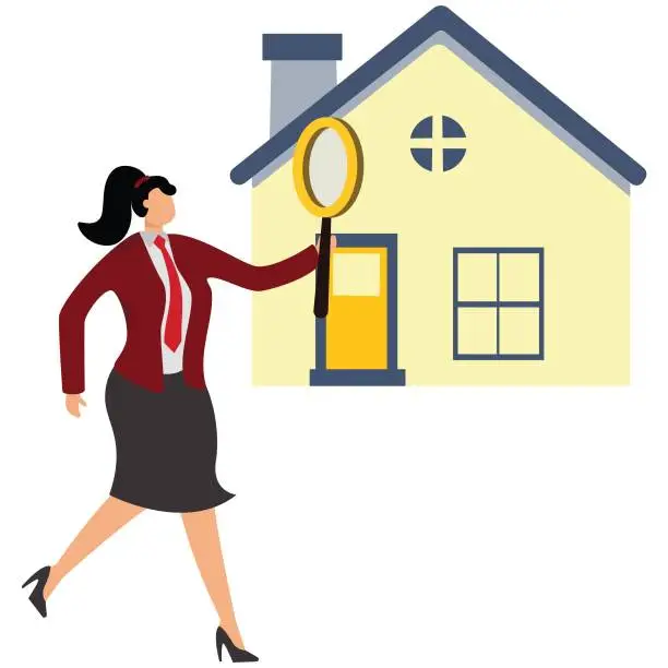 Vector illustration of Home Inspection Businesswoman, Residential Building, Examining