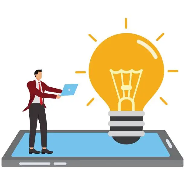 Vector illustration of Smartphone online analysis lightbulb, Analyzing, Anxiety, Assistance