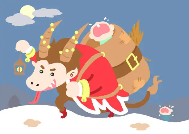Vector illustration of Krampus kidnaps children on Christmas night
