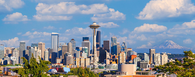 View of the Seattle skyline, Space Needle and Mount Rainier at sunset from Kerry Park in Washington