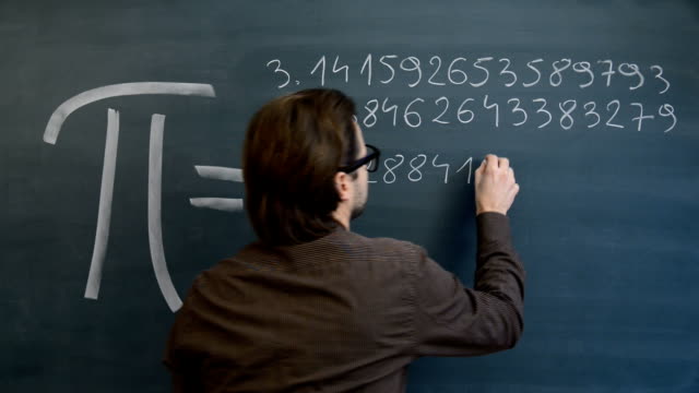 Male teacher or student hand writing Pi numbers