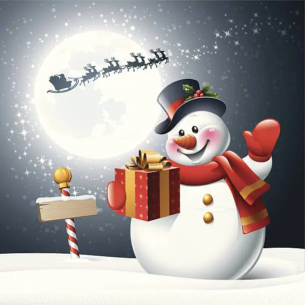 Vector illustration of Snowman - Christmas Night