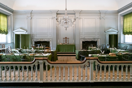 PHILADELPHIA, PA - JULY 7, 2023: Restored Assembly Room with Rising Sun Chair of George Washington at the Independence Hall in Philadelphia, Pennsylvania, as seen on July 7, 2023.