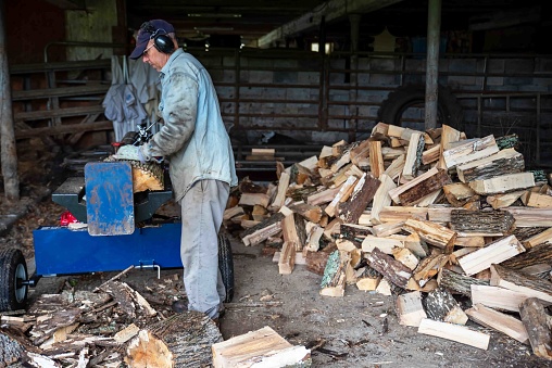 Side view caucasian senior man splits wood with a hydraulic log splitter. He wears a denim work shirt, work gloves and ear protection. with arge woodpile