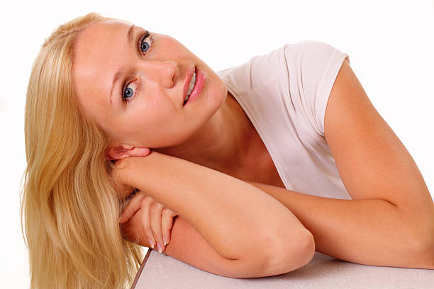 Happy young blonde woman stock photo