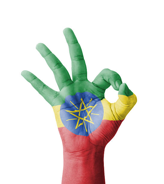 A set of hands with different gestures wrapped in the flag of Ethiopia