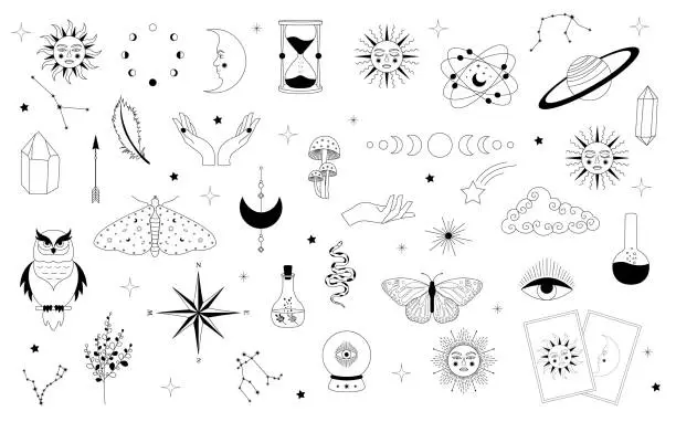 Vector illustration of Celestial mystical astrology. Set of celestial mystic and magic occult elements. Celestial and esoteric elements for astrology.