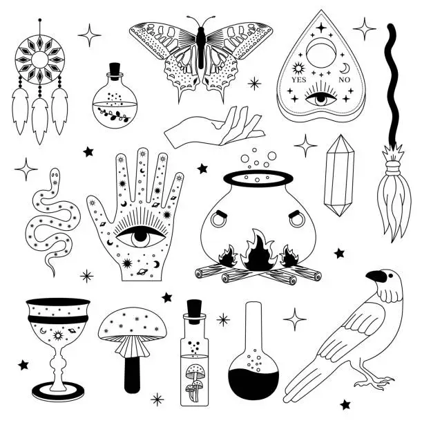 Vector illustration of Witchy magic set. Set of witchcraft items. Collection of witchy magic and esoteric equipment.
