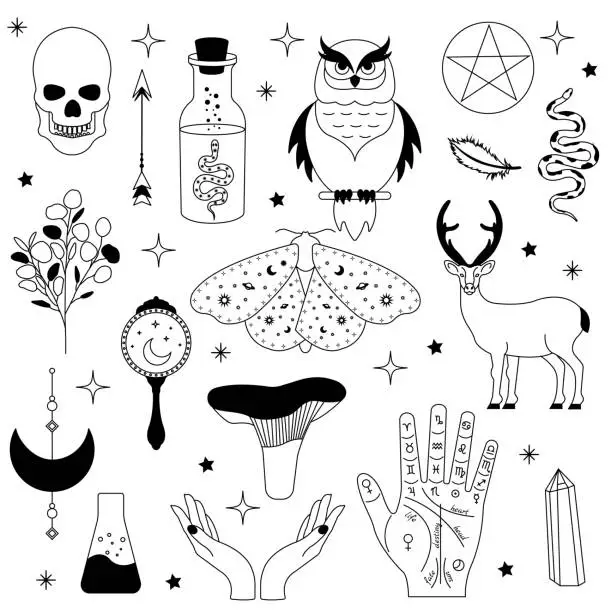 Vector illustration of Witchy magic set. Set of witchcraft items. Collection of witchy magic and esoteric equipment.