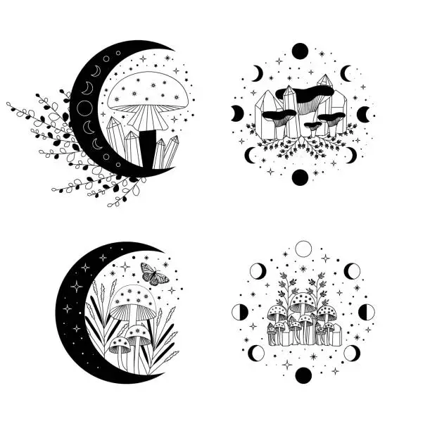 Vector illustration of Celestial mystical moon collections. Magic and esotericl mushrooms.